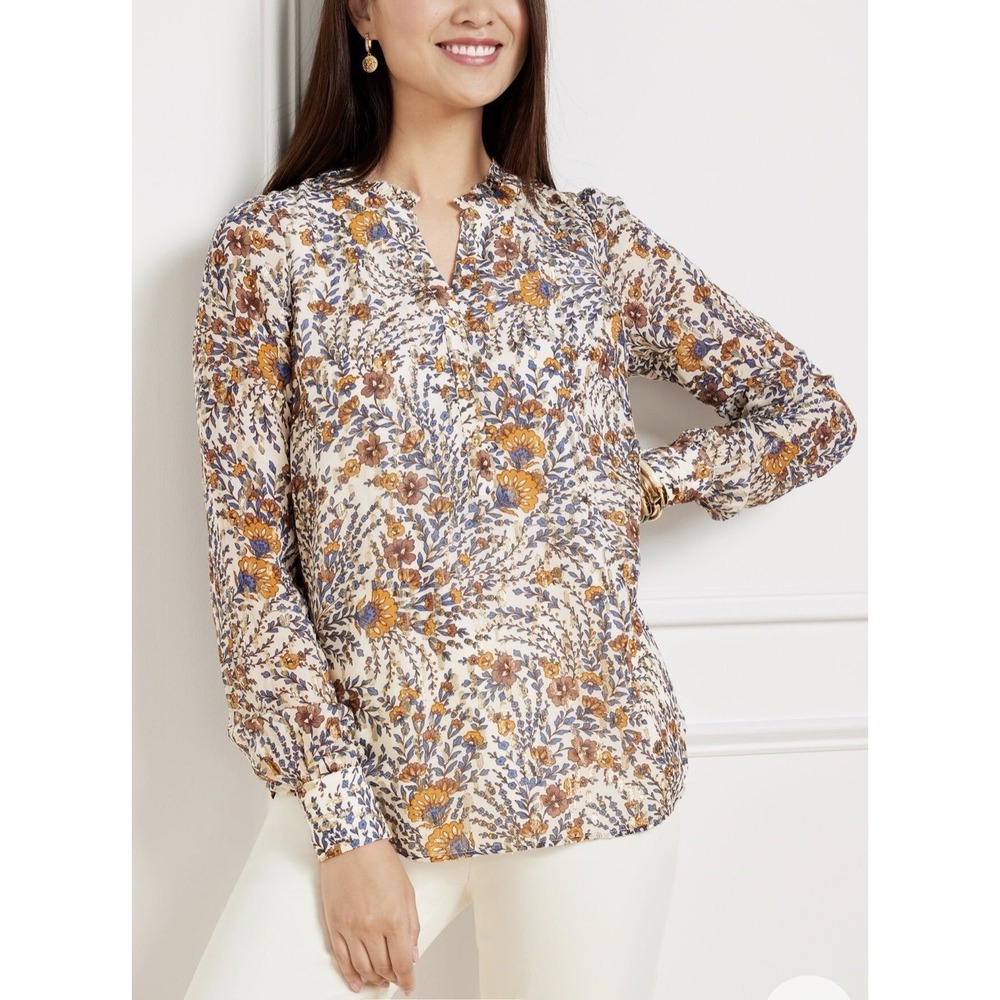NWT Talbots 2X Blouse Plus Floral Metallic Clip Dot Ruffle Neck Tunic Top